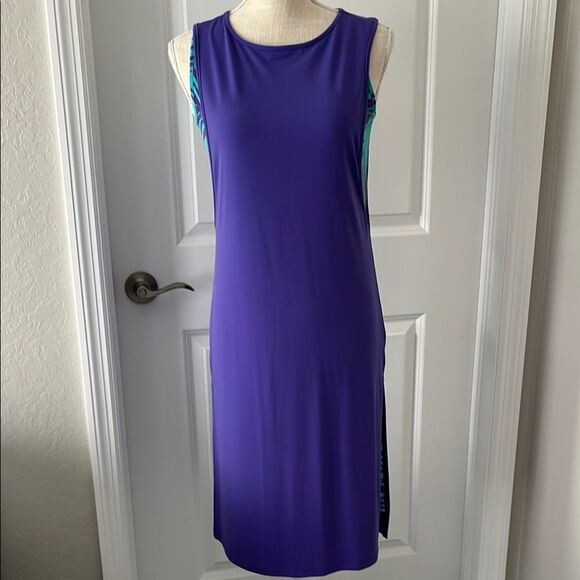 Inman Global Chic Purple & Green Palm Frond Sleeveless Dress - Picture 5 of 10